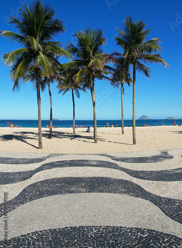 Vertical photo of Copacabana with palms and mosaic of sidewalk in Rio de Janeiro  Brazil