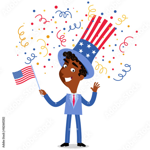 Vector illustration of confetti showering happy patriotic cartoon American businessman wearing stars and stripes hat celebrating 4th of July