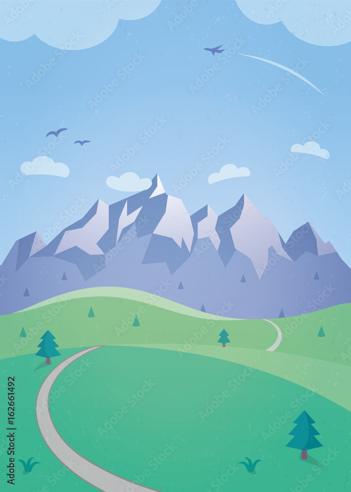 Summer Landscape with Mountains - a simple illustration with rolling hills, a mountain range, soaring birds and a plane flying in the clear blue sky.