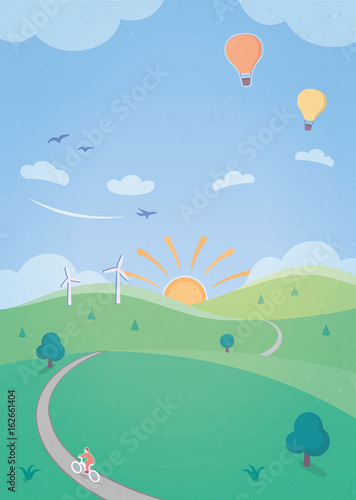 Summer Landscape with Rolling Hills & Outdoor Activities - an illustration with beautiful scenery and outdoor activities such as cycling and hot air ballooning.