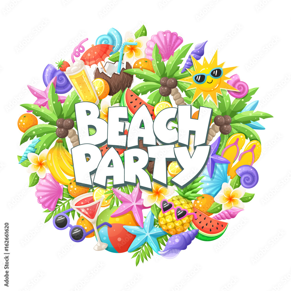 Tropical summer objects in circle composition isolated on white background. Beach party wording with colorful beach objects. Fresh tropical fruits and cocktails icons. Seashells and starfishes symbols Tropical summer objects in circle composition isolated on white background. Beach party wording with colorful beach objects. Fresh tropical fruits and cocktails icons. Seashells and starfishes symbols