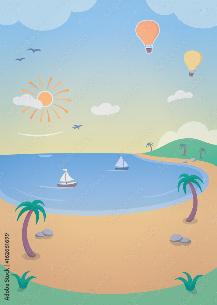 Tropical Island Paradise - illustration with a tropical island, palm trees, beach and boats sailing on the calm ocean.