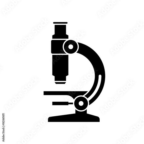 Microscope icon. Black, minimalist icon isolated on white background. Microscope simple silhouette. Web site page and mobile app design vector element.