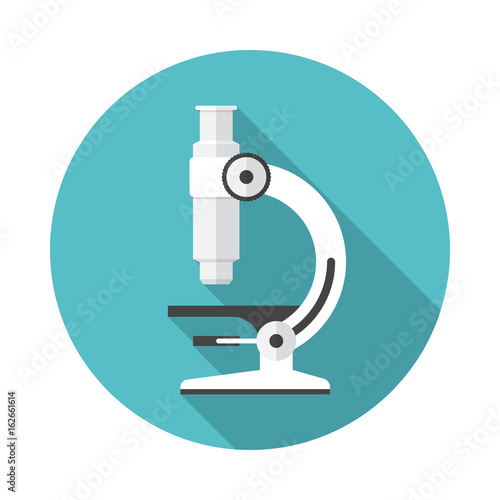 Microscope circle icon with long shadow. Flat design style. Microscope simple silhouette. Modern, minimalist, round icon in stylish colors. Web site page and mobile app design vector element.
