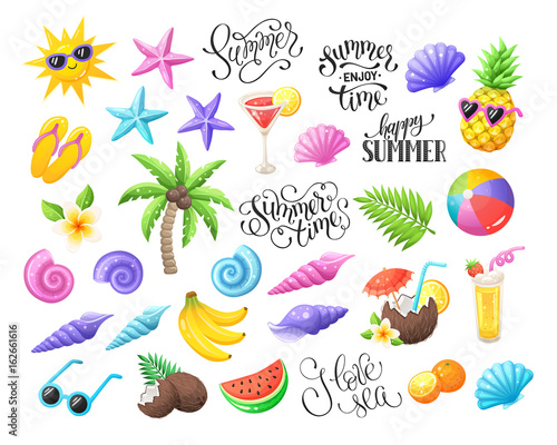 Tropical summer objects isolated on white background. Summer time wording with colorful beach objects. Fresh tropical fruits and cocktails icons. Seashells and starfishes symbols.