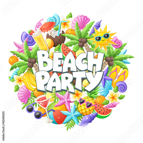 Tropical summer objects in circle composition isolated on white background. Beach party wording with colorful beach objects. Fresh tropical fruits and cocktails icons. Seashells and starfishes symbols