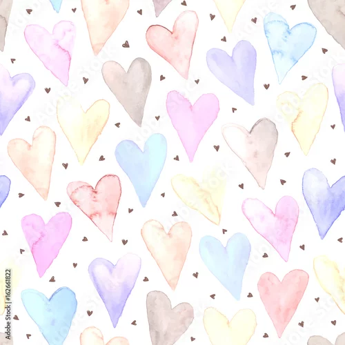 Tapety Akwarele serca bezszwowe tło. Słodki kafelkowy wzór od kształtów serca odizolowywających na bielu. Romantyczna tekstura w pastelowych kolorach ręcznie rysowane farbami.