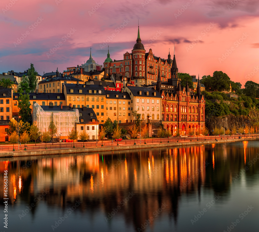 Scenic Stockholm City Old Town Sunset Skyline. Panoramic merge from 8 images