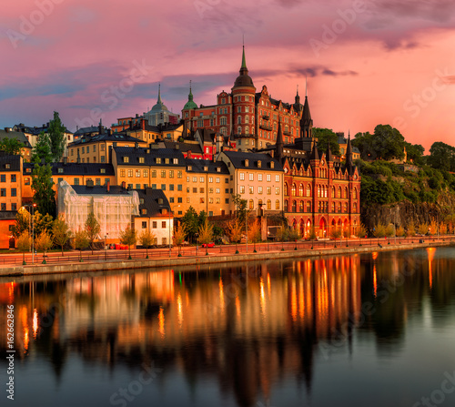 Scenic Stockholm City Old Town Sunset Skyline. Panoramic merge from 8 images