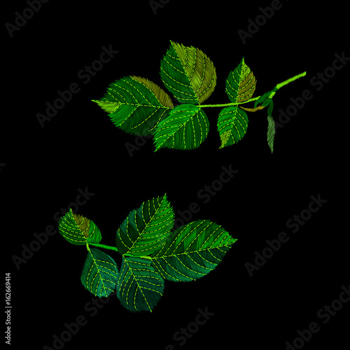 Green leaves embroidery vector, hand drawing illustration.