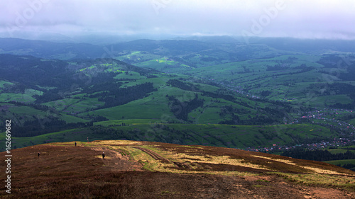 View of the village from the mountain top of the Carpathian Mountains  nature in the mountains.