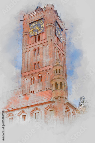 The Old Town Hall, Torun, Poland, digital watercolor illustration 