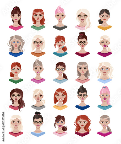 Woman avatar set vector illustration. Beautiful young girls portrait with different hair style isolated on white background.
