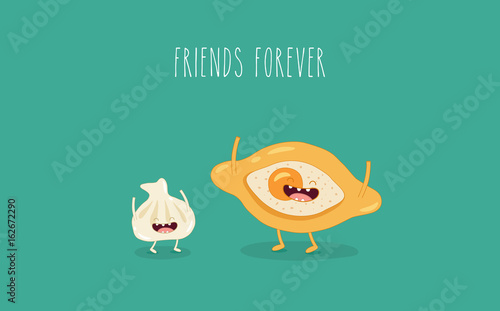 Georgian Cuisine Traditional Food. Funny Khachapuri with Khinkali. Vector illustration