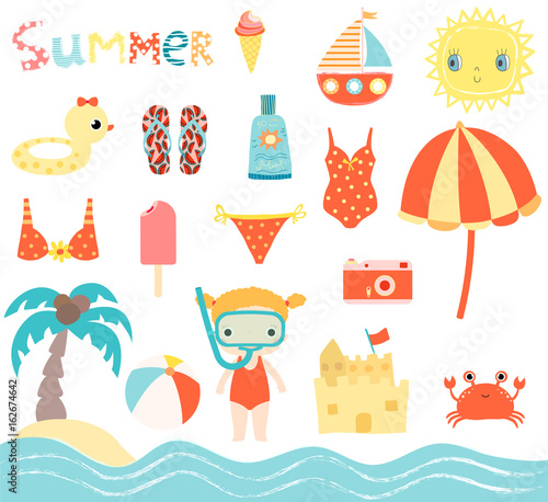 Cute summer beach vector set with little girl with snorkel design elements for kids invitations, birthday and greeting cards