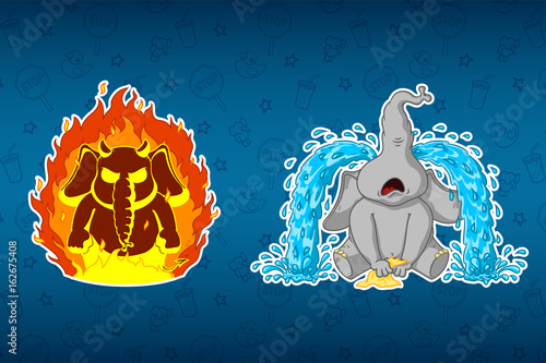 Stickers elephants. Angry, he's on fire. Sobs, big tears. Big set of stickers. Vector, cartoon