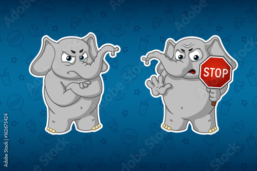 Stickers elephants. Stop sign, holds in hands. Warning. Nelovolen. Big set of stickers. Vector, cartoon