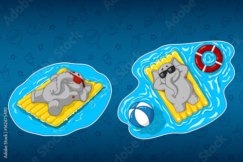 Stickers elephants. Summer, beach, happiness, sea, sun. On an inflatable mattress. Big set of stickers. Vector, cartoon.
