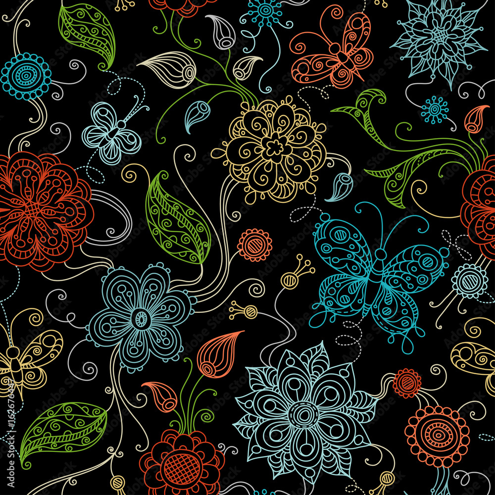 Vector seamless doodles floral pattern.