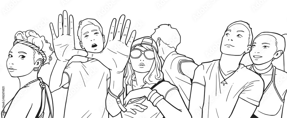 Stylized drawing of festival crowd Stylized drawing of festival crowd
