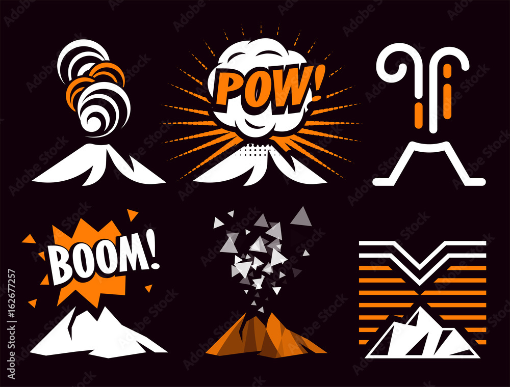 Volcano magma eruptio icon collection. Spectacular natural phenomenon painted in cartoon style set. Volcanic toxic clouds and mountain logo. Graphic anger metaphor illustration.