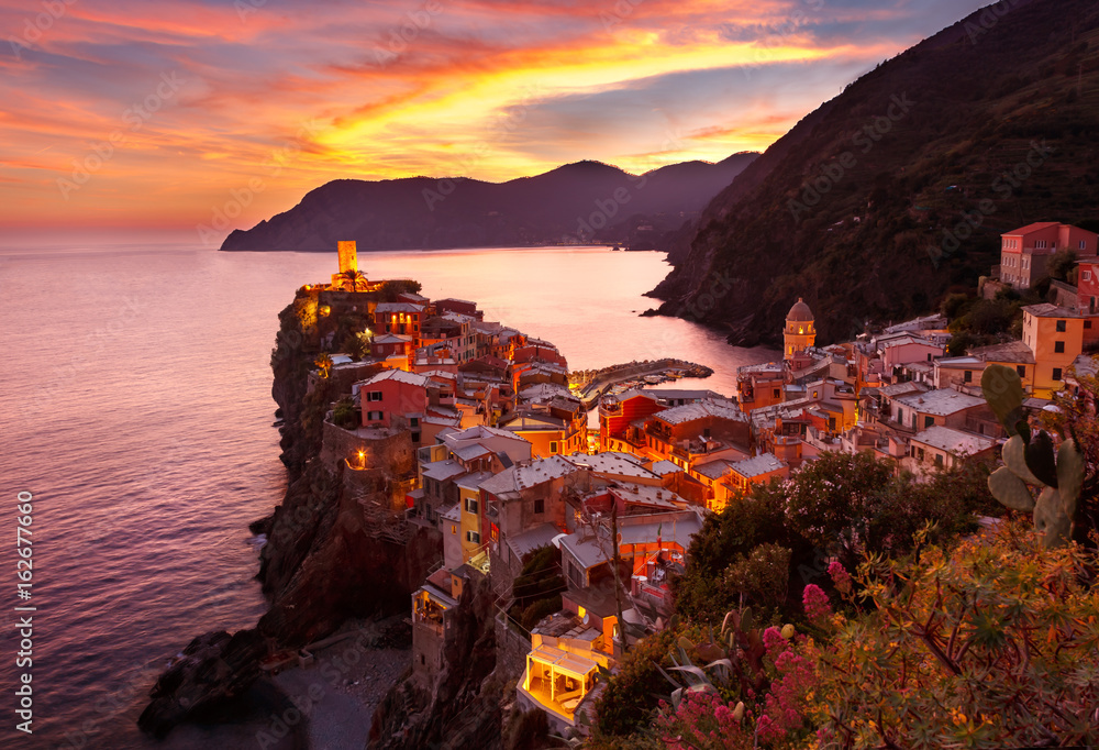 A colourful sunset over Cinque Terre, Vernazza, Italy