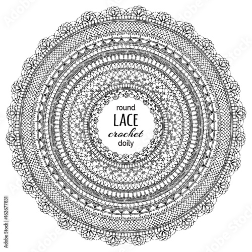 Vector doodles lace round crochet frame.