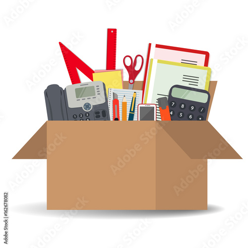Office accessories in a cardboard box isolated on a white background. There is a phone, a calculator, folders, scissors, ruler, pen, marker and other stationery in the picture. Vector illustration