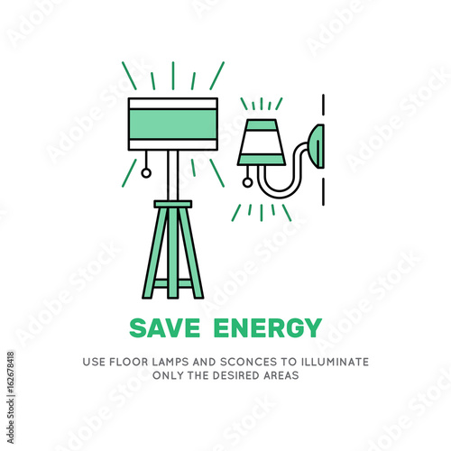 Sconces and lamp icons vector in gloss style. Banner motivating to reduce excess electricity consumption