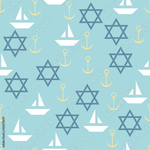 Nautical seamless pattern with star of David, sailing boats and anchors. Vector