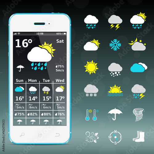 Realistic mobile phone with weather forecast widget and icons
