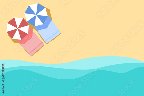 Plan of Beach, summer background. with umbrella, towel view from above.