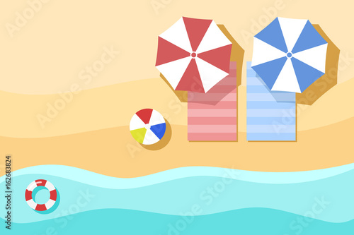 Top view of Beach, summer background. with umbrella, towel, beach ball, swim tube. view from above.