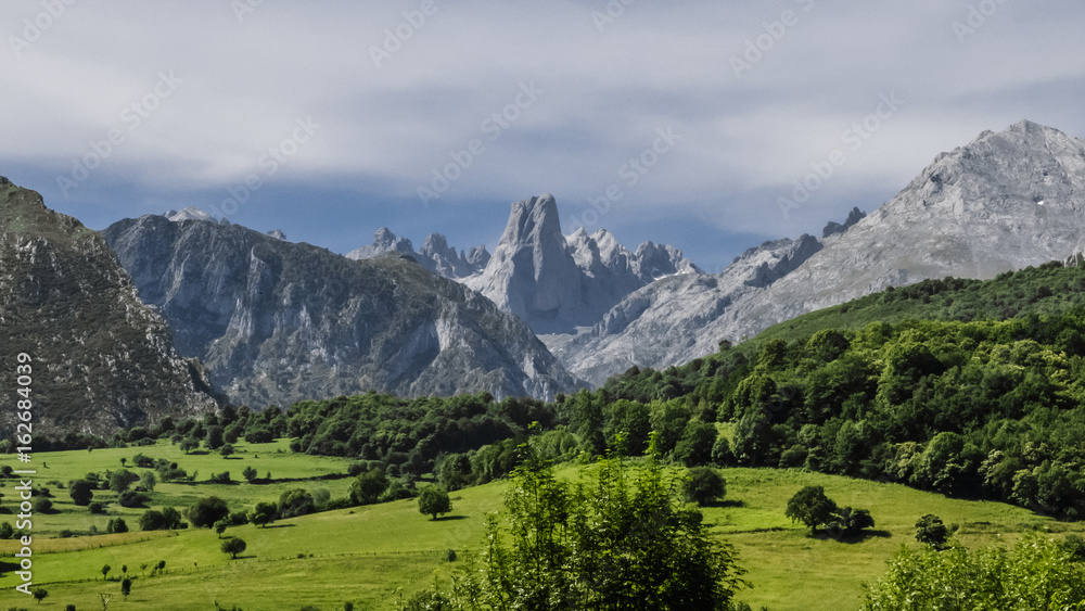 Obraz premium Panoramic view of the peaks of Europe, Asturias, Spain, with a valley with green meadows and high mountains in the background. View of the Naranjo de Bulnes or Pico Urriellu