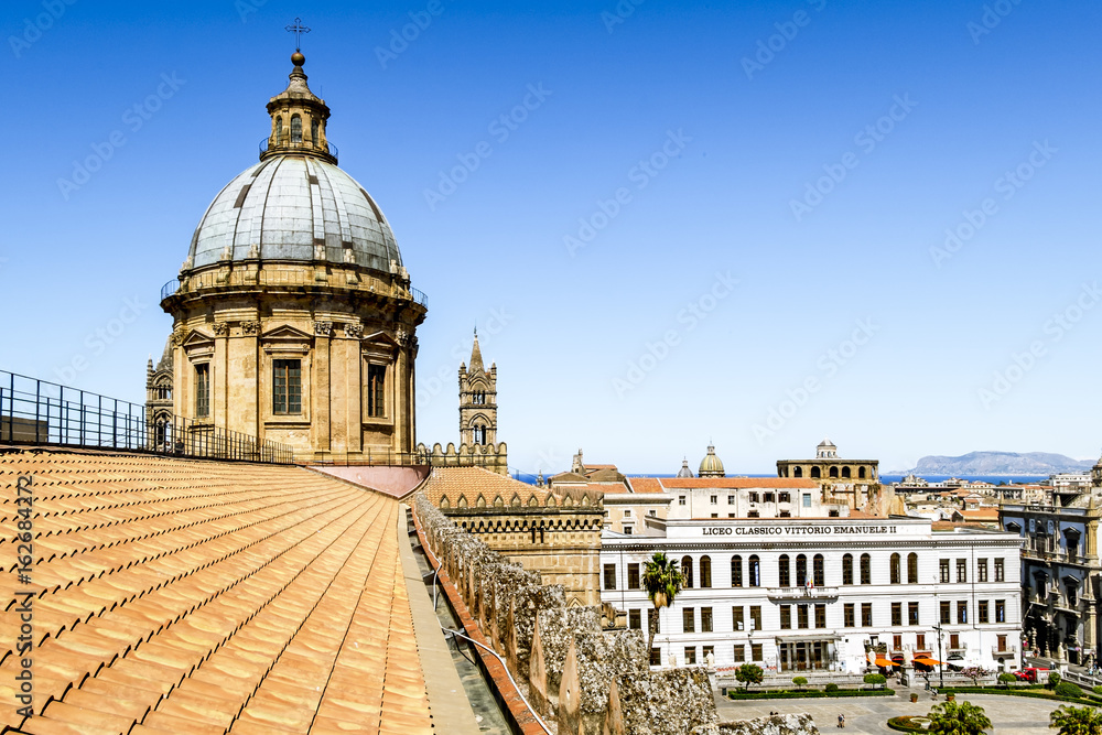View of the historic centre and Cathedral from the roof in Palermo. Sicily