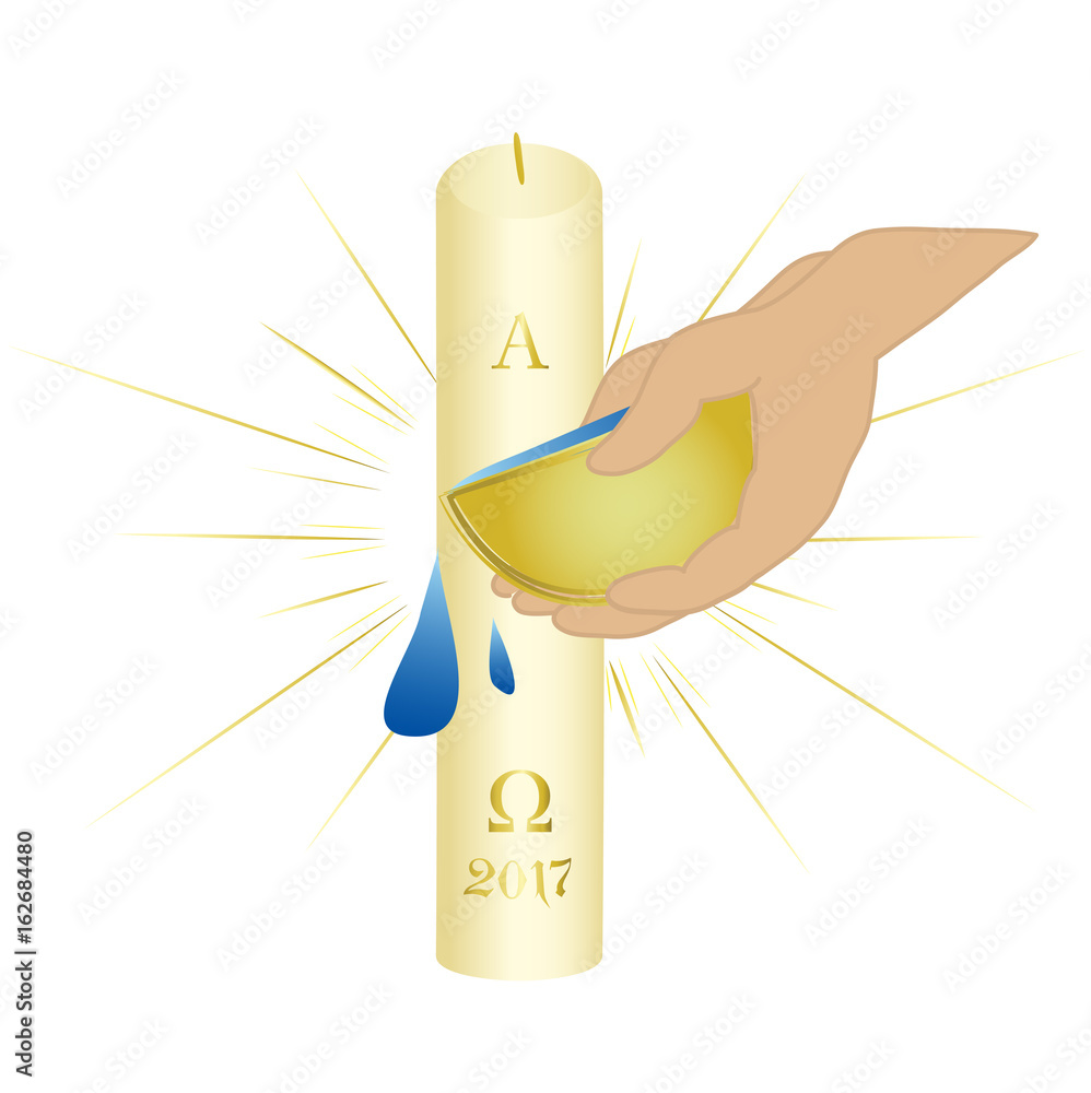 Sacrament of baptism symbols. Paschal candle and holy water. Stock
