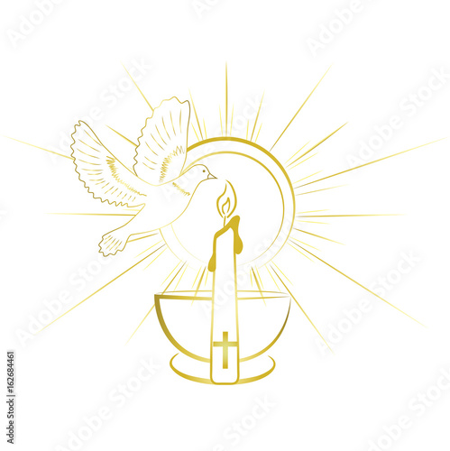 Baptism sacrament symbols. Gold and simple invitation design. photo