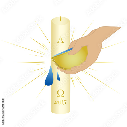 Sacrament of baptism symbols. Paschal candle and holy water.
