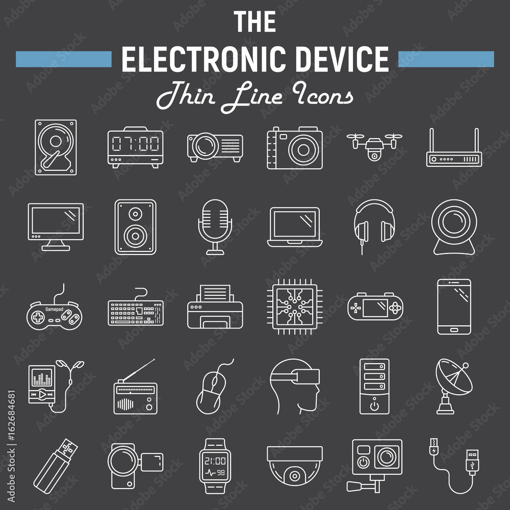 Electronic device line icon set, technology symbols collection, vector sketches, logo illustrations, linear pictograms package isolated on black background, eps 10. Electronic device line icon set, technology symbols collection, vector sketches, logo illustrations, linear pictograms package isolated on black background, eps 10.