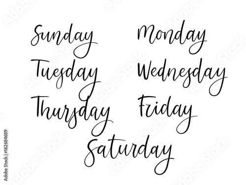Handwritten Days of Week. Modern Calligraphy Calendar. Isolated on White