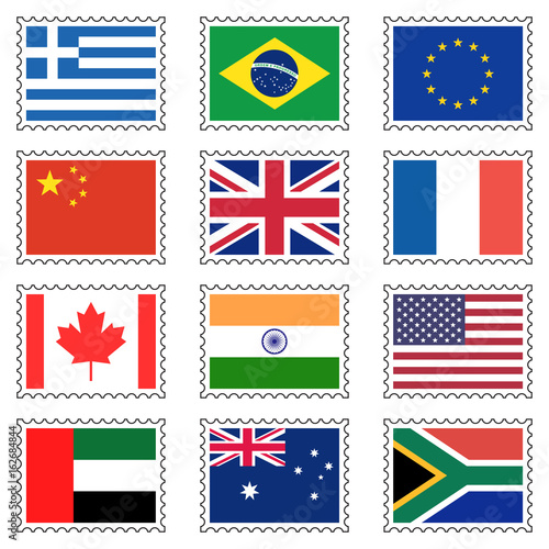 Stamps representing world flags, isolated on white background, vector illustration.
