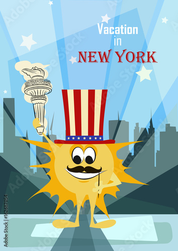 Sun in New York. Sun's vacations, vector sun traveling to New York