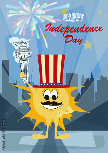 Happy Independence Day.Sun in New York. Sun's vacations, vector sun traveling to New York and celebrating Independence Day of America