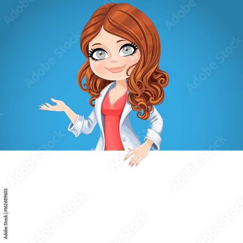 Beautiful brunette woman doctor in a white lab coat showing hand aside and hold big banner