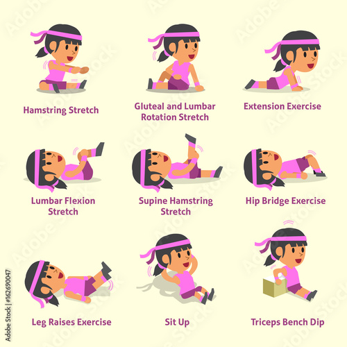 Cartoon set of woman doing warm-up and exercises