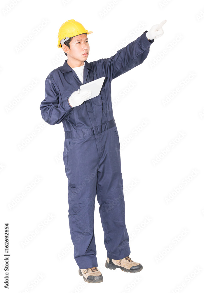 Worker using a tablet and holding blueprint on white Worker using a tablet and holding blueprint on white