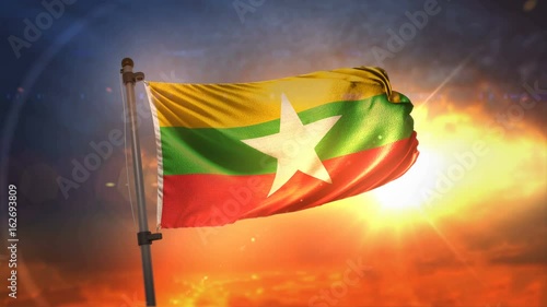 Myanmar Flag Backlit At Beautiful Sunrise Loop Slow Motion 4K