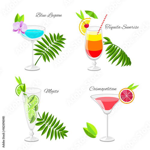 Set of popular cocktails decorated with fruit slices and tropical flowers vector cartoon style.