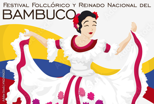 Beautiful Folkloric Queen Dancing in Traditional Colombian Bambuco Festival, Vector Illustration photo