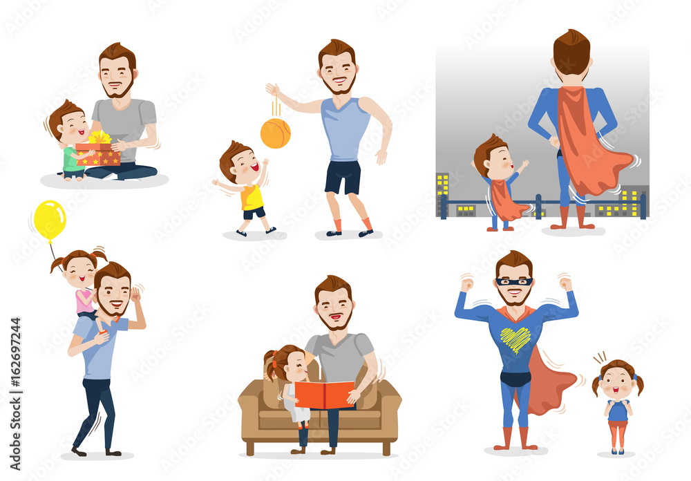 Fatherhood Father and son or daughter set. Having fun together. Playing with dad. Fatherhood concept. Role model and greatest mentor. Vector illustration Isolated on white background